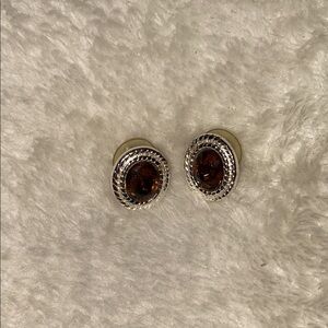 Vintage Brown Crystal Silver-Tone Oval Stud Earrings